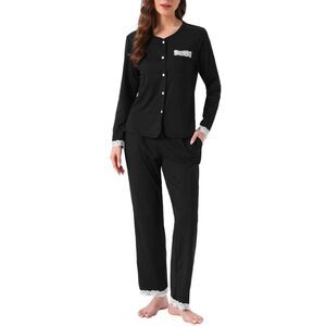 Pajamas Sets Lace Trim Elastic Waist Pant Suit with Pocket Black